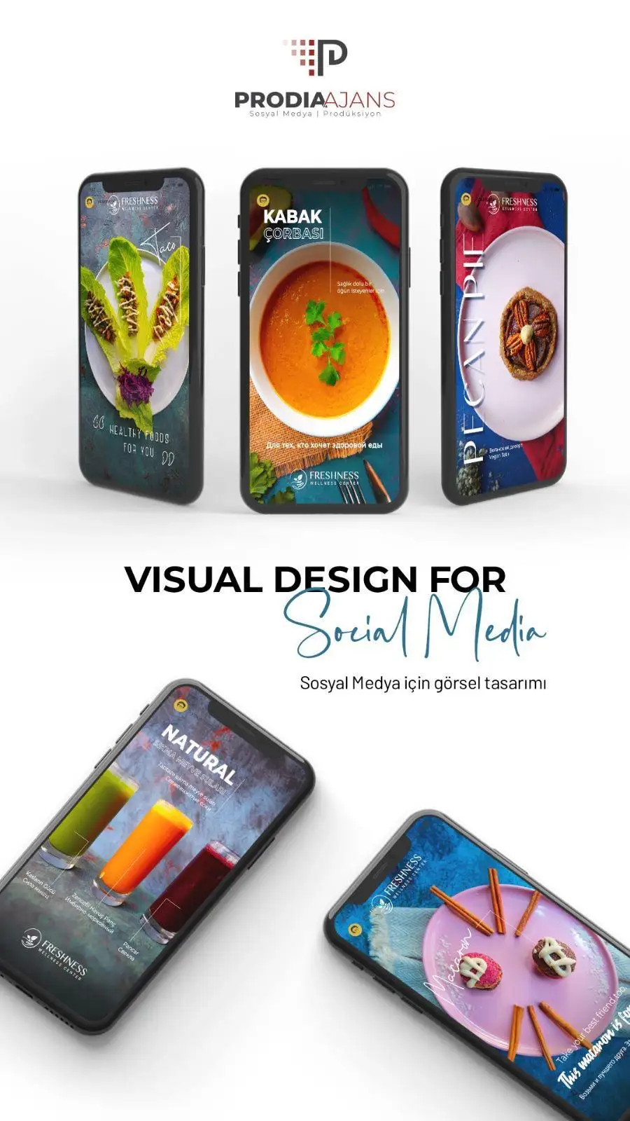 Freshness Wellness Center için yemek temalı Instagram story tasarımlarının telefon mockup'ları